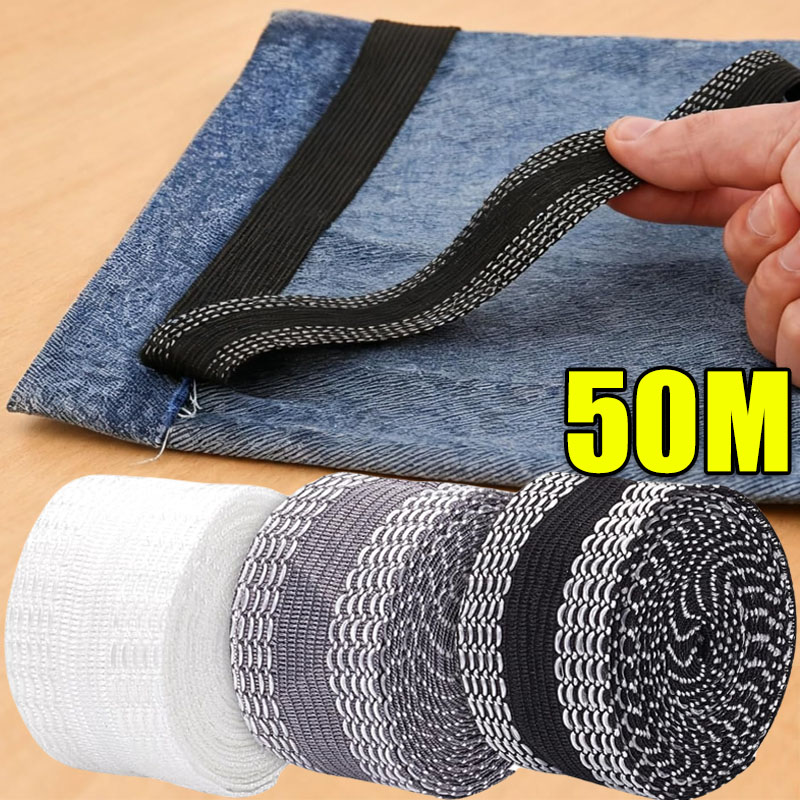 Interfacing Iron On - 50M自己粘着パンツ裾テープ、ズボンの裾を貼り付けたり、アイロンで接着したり、短くしたり、修理したりするためのジーンズ裾テープ、DIY縫製用