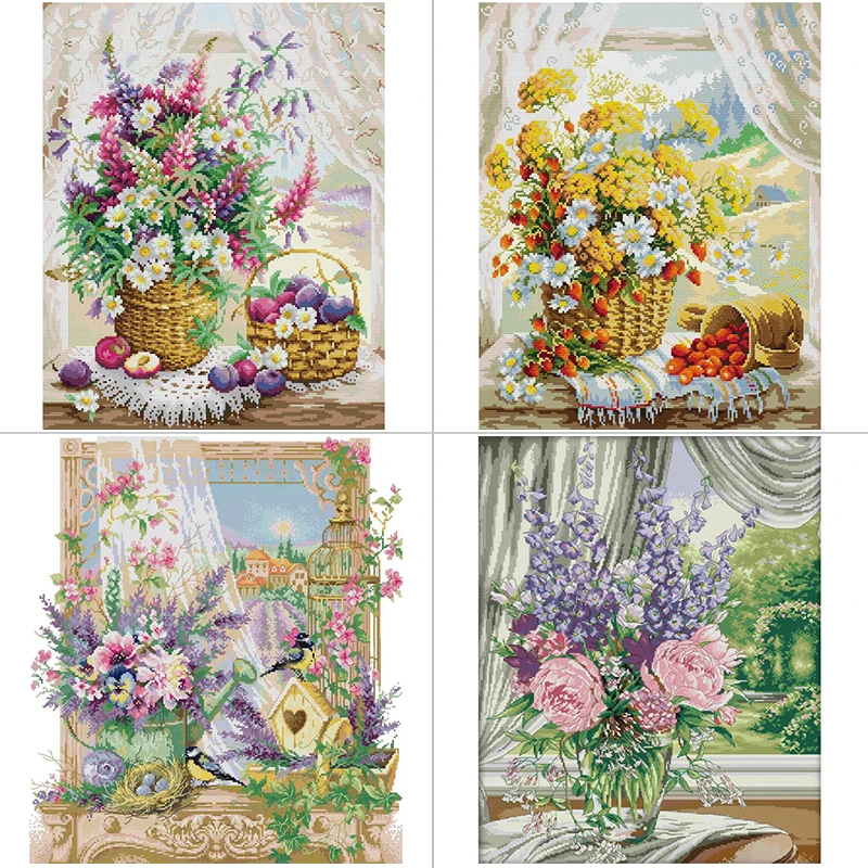 窓枠フラワーバスケット花柄クロスステッチアイーダ 14ct  - Textile Sewing Patterns のレビューと価格