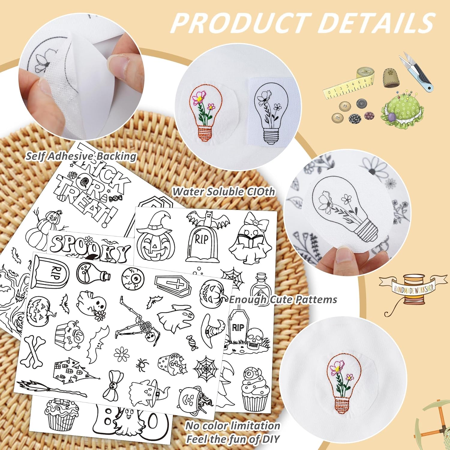 水溶性安定剤刺繍パターン、ハロウィンスティック＆ステッチ刺繍 - Textile Sewing Patterns のレビューと価格
